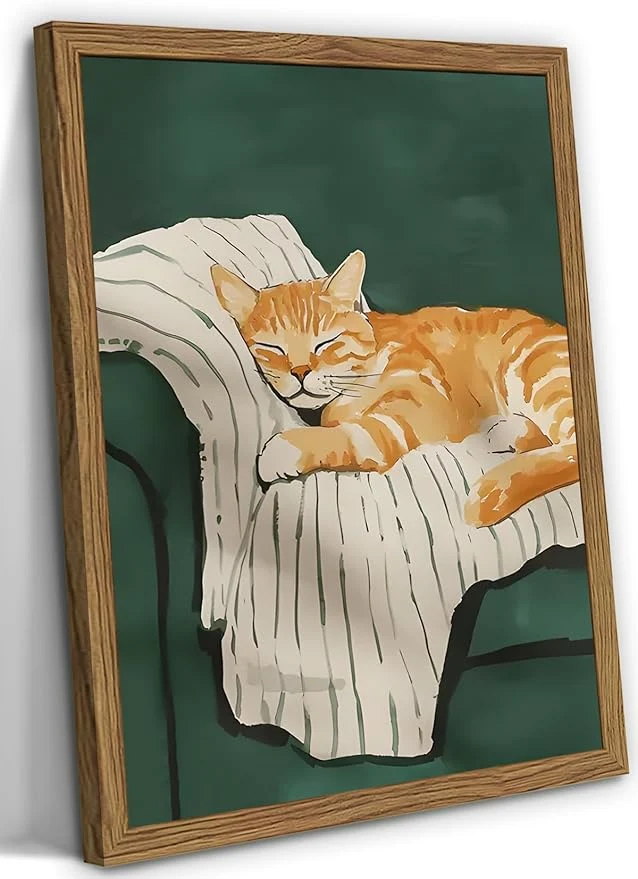 Exclusive Funny Cat Wall Art Cute Cat Sleeping on Couch Wall Decor Painting Orange Pet Kitty Portrait Pictures Prints Contemporary Animal Canvas Artwork for Bedroom Living Room 16x24 inch Wood FramedAbout This Detailed