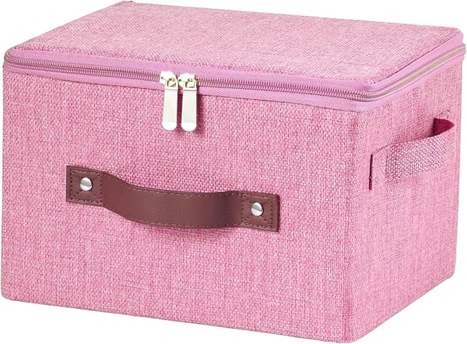 Fine Crafted Storage Bins with Zipper Lid Cotton Linen Fabric Lidded Storage Baskets Boxes Foldable Washable Closet Shelf Clothes Organizer Container with PU Leather Handles Pink Small About ThisOverview First-Class