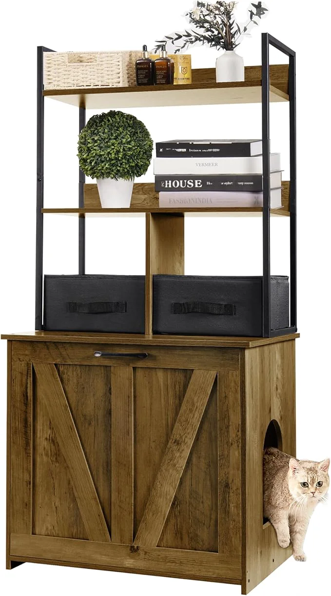 Consistent Dwanton Litter Box Enclosure with 2 Storage Shelves and 2 Drawers 2-in-1 Hidden Cat Litter Box Enclosure Furniture with Shelf Reversible Entrance Washable Drawers 50-Inch Warm BrownAbout ThisOverview Minimalist