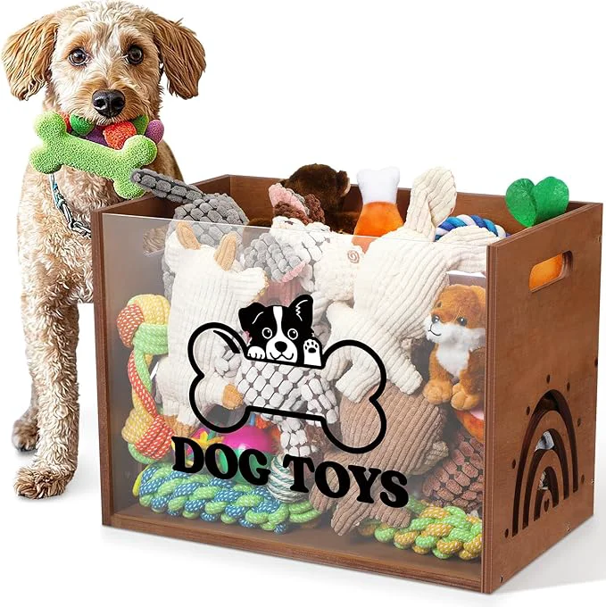 Trusted Large Dog Toy Basket Dog Toy Box Wooden Storage Bin with Acrylic Board Storage Box for Puppy Toys Pet Food and Accessories Organizer Holder Basket for Living Room Area Brown Dog About ThisOverview High-End