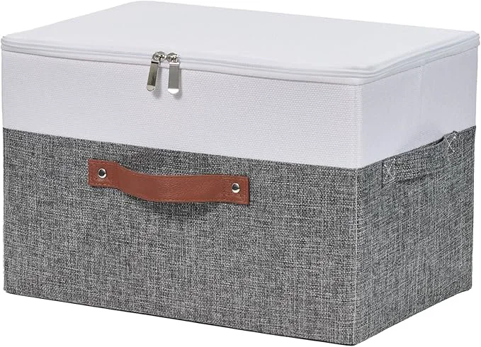 Optimized Storage Boxes with Zipper Lid Cotton Linen Fabric Lidded Storage Bins Baskets Foldable Washable Closet Shelf Clothes Organizer Container Faux Leather Handles Gray White Large About ThisOverview Exceptional