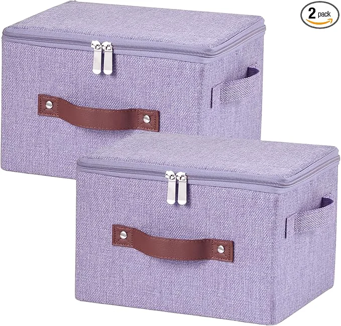 Original Design 2 Pack Storage Bins with Zipper Lid Cotton Linen Fabric Lidded Storage Baskets Boxes Foldable Washable Closet Shelf Clothes Organizer Container with PU Leather Handles Purple Small About ThisOverview Innovative