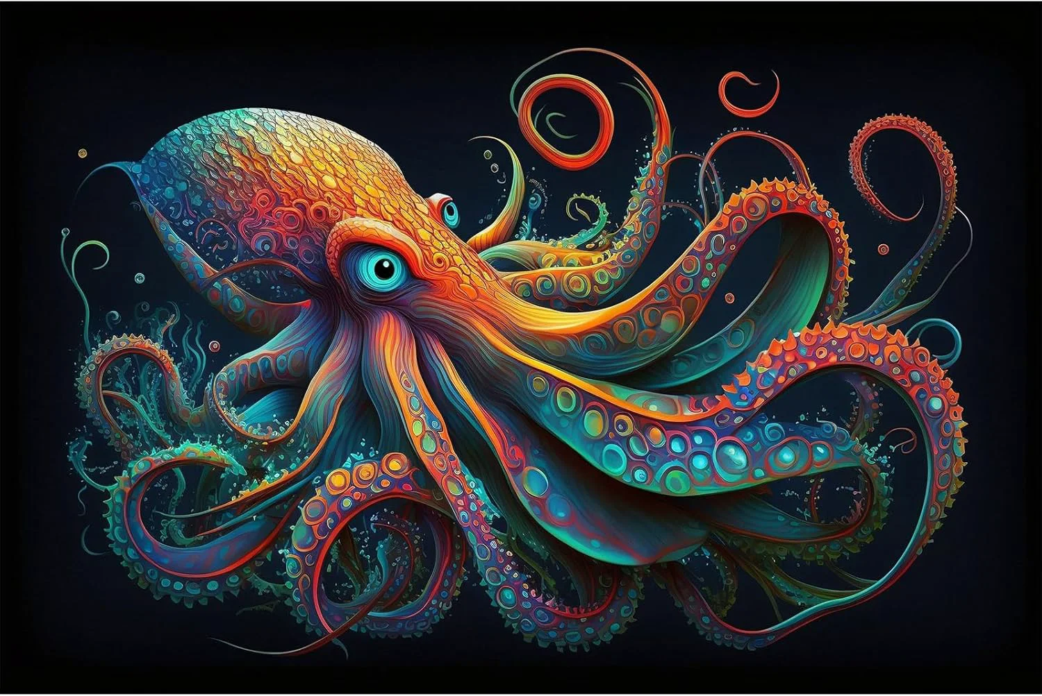 High-End Octopus Aquarium Background Abstract Colorful Octopus Terrarium Background Glowing Octopus on Black Background Fish Tank Backdrop Poster Wallpaper Decorations Vinyl 24x12in Pure