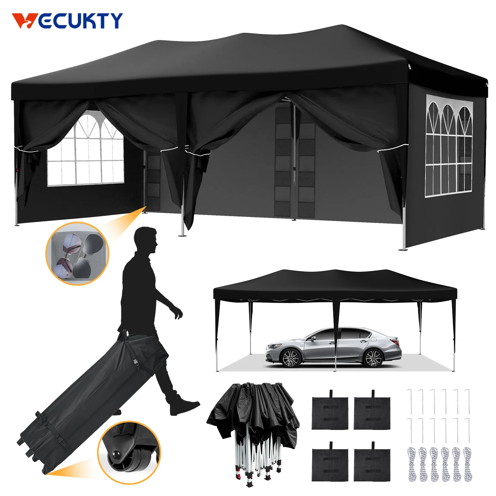 Stylish Vecukty 10' x 20' Super Sturdy Giant Pop up Canopy Tent with 6 Removable Sidewalls and Carry Bag Heavy Duty Party Tent Portable Instant Outdoor Shelter Gazebo Camping Essentials Black Advanced