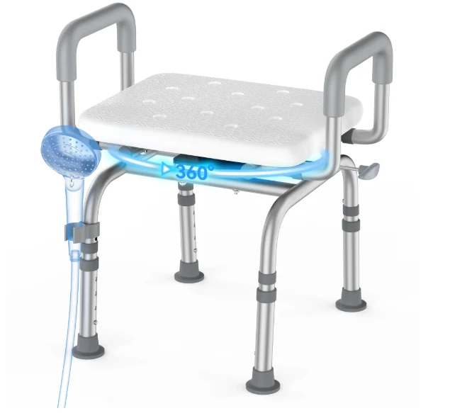Official 360 Degree Shower Chair Swivel Portable Seat with Armrests Adjustable Height Seat for Bathtub Authentic