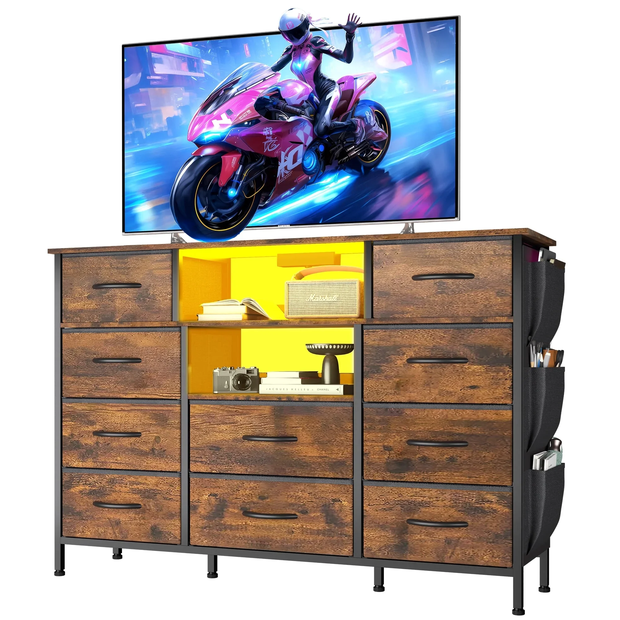 Sustainable Eunon Dresser TV Stand with 10 Drawers for 55 TV Stand with LED Lights Power Outlets Wide Dresser with Shelves Side Pockets for Bedroom Rustic Dependable