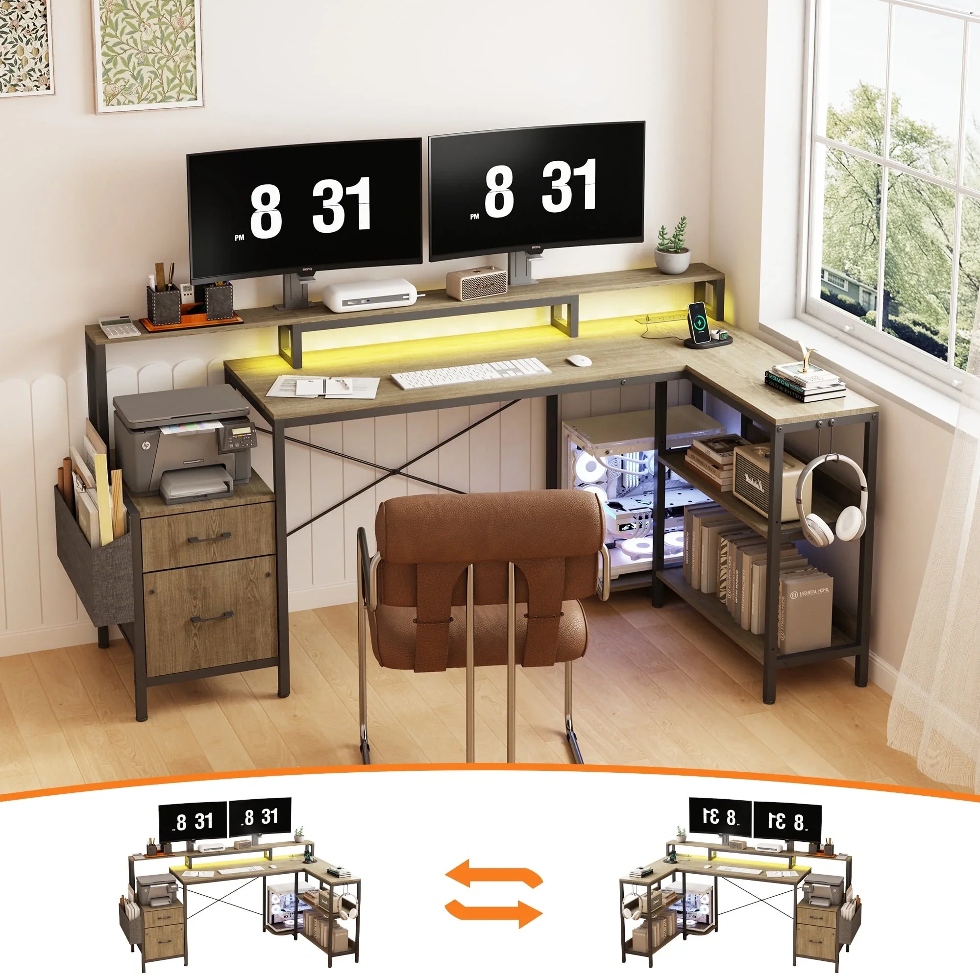 Superior 71.5 inch Computer Desk with Power Outlets L Shaped LED Home Office Desk with Long Monitor Stand Large Corner Desk with Storage Shelf Cup Holder Headset Hooks Modern Simple Table Trendy