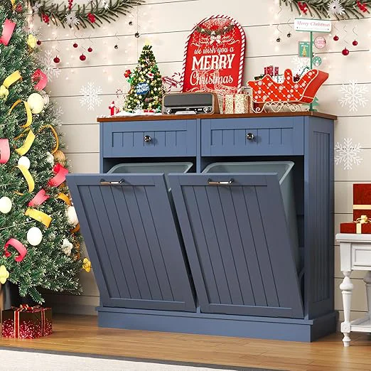 Comfortable Tilt Out Trash Can Cabinet with Double Hidden Trash Bin Holder Kitchen Standing Recycling Cabinet Dog Proof Trash Can Wood BlueAbout ThisOverview Trendy