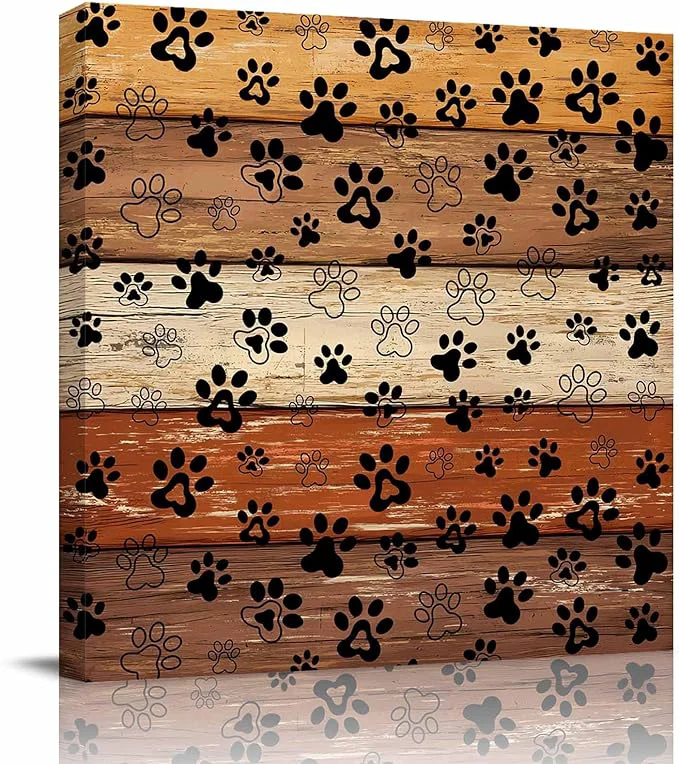 Environmentally Friendly Framed Canvas Wall Art for Living Room Dog Paw Print Wall Decor Retro Brown Orange Wood Grain Aesthetic Paintings for Bedroom Office Kitchen Bathroom Ready to Hang Artwork Wall Pictures 12x12 InchAbout This Relaxed