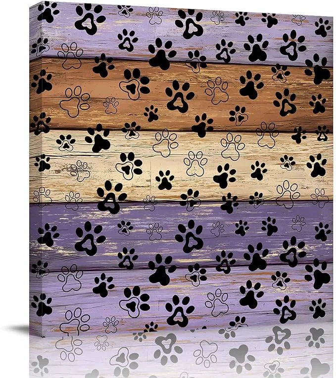 Natural Framed Canvas Wall Art for Living Room Dog Paw Print Wall Decor Retro Brown Purple Wood Grain Aesthetic Paintings for Bedroom Office Kitchen Bathroom Ready to Hang Artwork Wall Pictures 8x8 InchAbout This User-Friendly