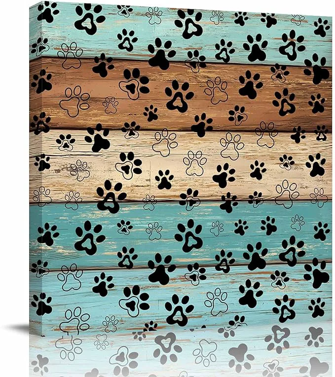 Casual Framed Canvas Wall Art for Living Room Dog Paw Print Wall Decor Retro Brown Turquoise Wood Grain Aesthetic Paintings for Bedroom Office Kitchen Bathroom Ready to Hang Artwork Wall Pictures 8x8 InchAbout This Modern