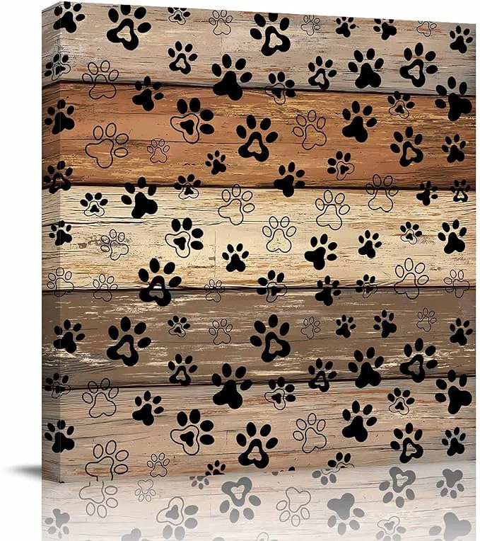 Selected Framed Canvas Wall Art for Living Room Dog Paw Print Wall Decor Retro Brown Wood Grain Aesthetic Paintings for Bedroom Office Kitchen Bathroom Ready to Hang Artwork Wall Pictures 24x24 InchAbout This Superior