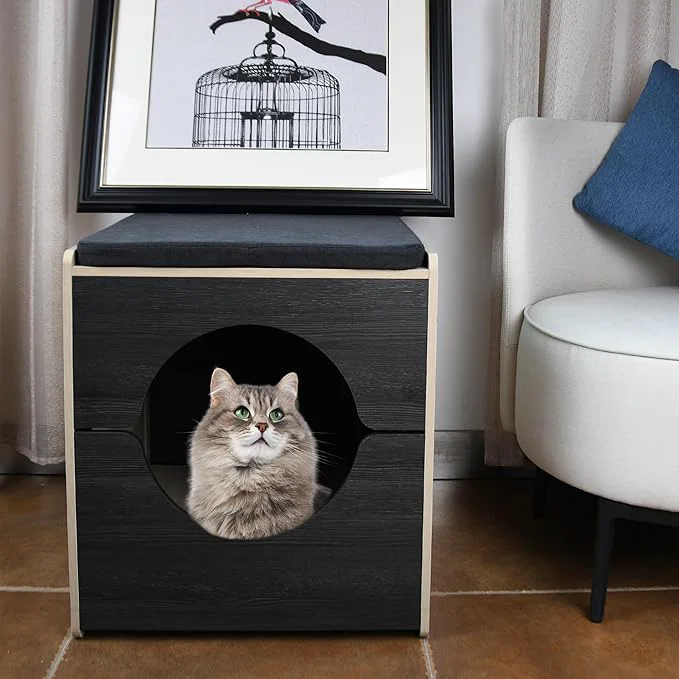 High-End Modern Cat Bed Furniture with Scratching Post - Pull-Out Enclosure Soft Cushion Space-Saving Side Table for Indoor Cats Black Natural Wood 23.5 x 19.7 x 21.7 About This Classic
