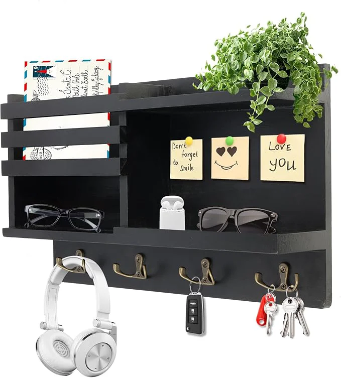 User-Friendly Key Holder Wall Mount Solid Wood Key and Mail Organizer for Wall Self Adhesive or Drill 8 Hooks Key Rack for Entryway Hallway Bedroom Farmhouse Home Decor Matte Black About ThisOverview Original Design