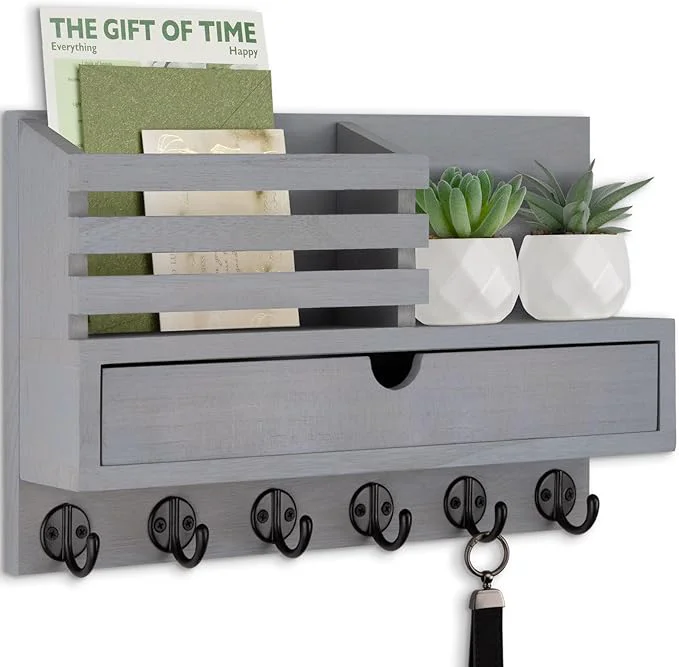 High-Grade Key Holder Wall Mount Mail Holder with Storage Drawer and 6 Key Hooks for Coat Dog Leash Home Decor Rack House Accessories Entry Way OrganizerAbout ThisOverview Exclusive