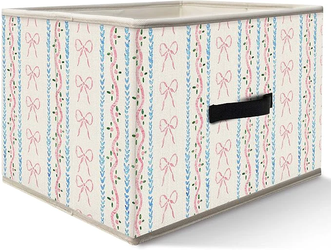 High-Quality Nogrit Preppy Pink and Blue Storage Bins Box Toybox for Girls Coquette Pink Bow Blue Striped Foldable Baskets Organizer Container with Handles for Girls Bedroom Dorm Bathroom Clothes Toys BooksAbout ThisOverview Optimized