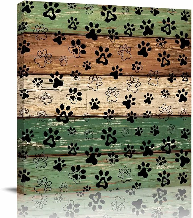 Casual Framed Canvas Wall Art for Living Room Dog Paw Print Wall Decor Retro Green Brown Wood Grain Aesthetic Paintings for Bedroom Office Kitchen Bathroom Ready to Hang Artwork Wall Pictures 8x8 InchAbout This Smart