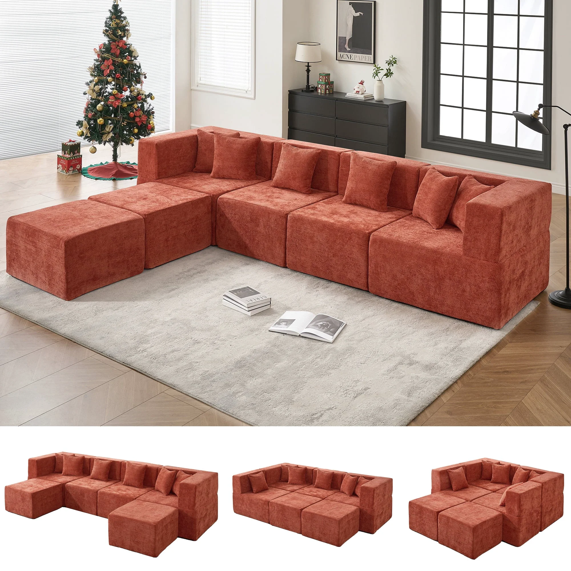 High-Grade BEHOST 130 Oversized Modular Sectional Sofa for Living Room Flexible Combination U-Shaped Cloud Couch Christmas Rust Red Luxury