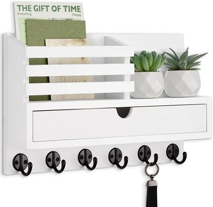 Pure Key Holder Wall Mount Mail Holder with Storage Drawer and 6 Key Hooks for Coat Dog Leash Home Decor Rack House Accessories Entry Way OrganizerAbout ThisOverview Fine