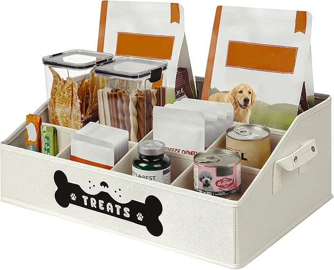 Elegant Dog Treat Container Dogs Storage Organizer with Removable Dividers Collapsible Dogs Treat Holder for Countertop Trapezoid Pet Treats Containers Dog Toy Basket with PU Handles Large BeigeAbout ThisOverview Fast