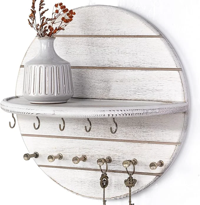 Excellent Rebee Vision Pine Wood Key Holder Wall Mount - 12 Inch Decorative Key Holder for Wall with Shelf and 11 Hooks - Farmhouse Mail Organizer for Apartment Essentials Home Decor Old White About ThisOverview High-End