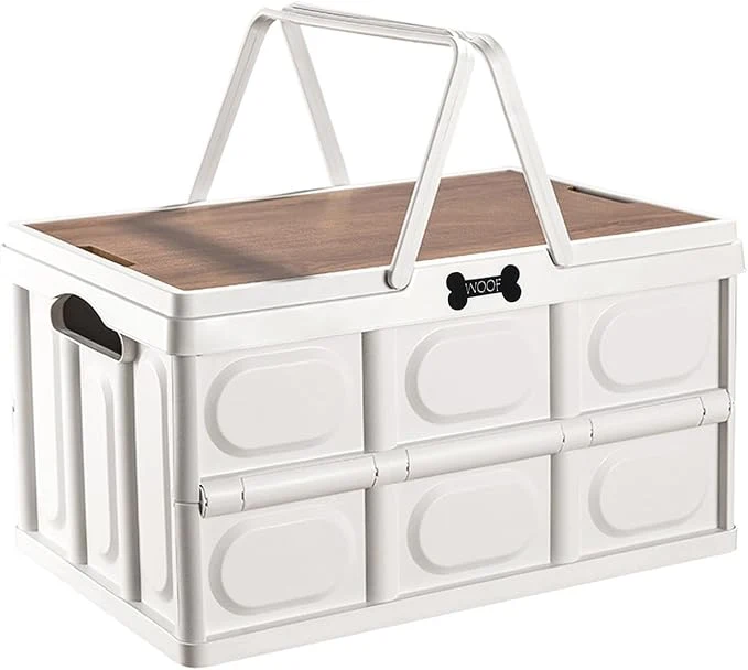 Eco-Friendly Collapsible Dog Toy Basket with Handles Portable Dog Stuff Organizer Outdoor Storage Box with Table Function I for Car Trunk RV Trip PicnicAbout ThisOverview Natural