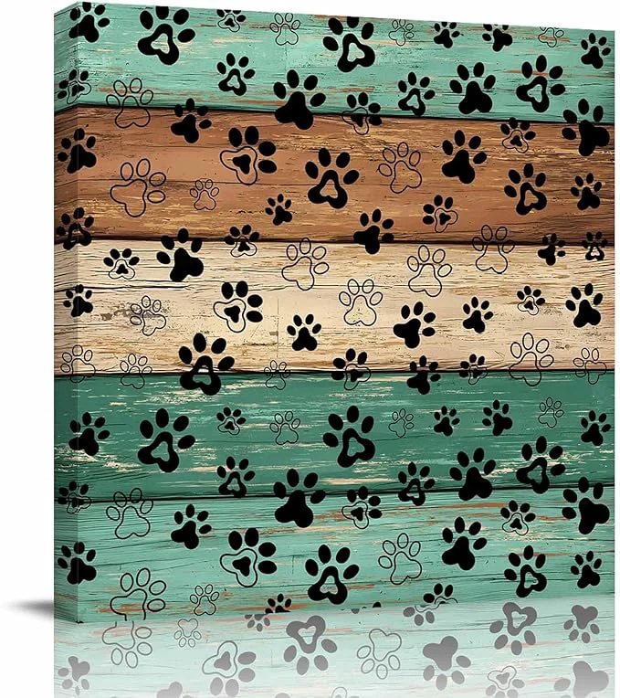 Sustainable Framed Canvas Wall Art for Living Room Dog Paw Print Wall Decor Retro Brown Sage Green Wood Grain Aesthetic Paintings for Bedroom Office Kitchen Bathroom Ready to Hang Artwork Wall Pictures 8x8 InchAbout This Excellent