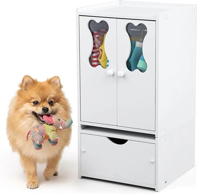Soft 22.84 x 12.99 x 12.6 Inch Pet Wardrobe Closet Dog Toy Clothes Storage Organizer with Doors and Telescopic Hanging Rod Combinable Drawers Closet Rack for Small Dog Cat Toys Clothes AccessoriesAbout ThisOverview Eco-Friendly