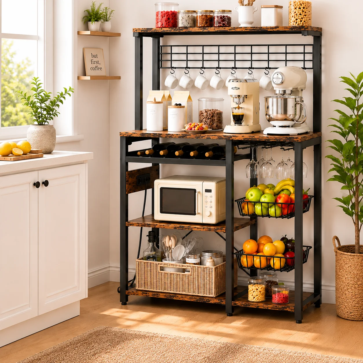 Secure Keenstone Bakers Rack with 3 Power Outlets 5 Tiers Microwave Stand coffee bar Kitchen Storage Rack with 2 Wire Basket Wine Rack Rustic Brown High-Quality
