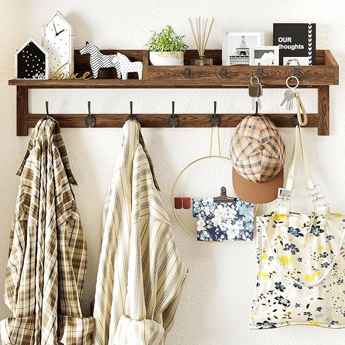 Natural AMBIRD Coat Rack Wall Mount 35 inch Large Wall Hooks with Shelf Entryway Shelf with 7 Dual Coat Hooks 4 Key Hooks Mail Organizer Wooden Coat Hanger and Key Holder Wall MountOverview User-Friendly