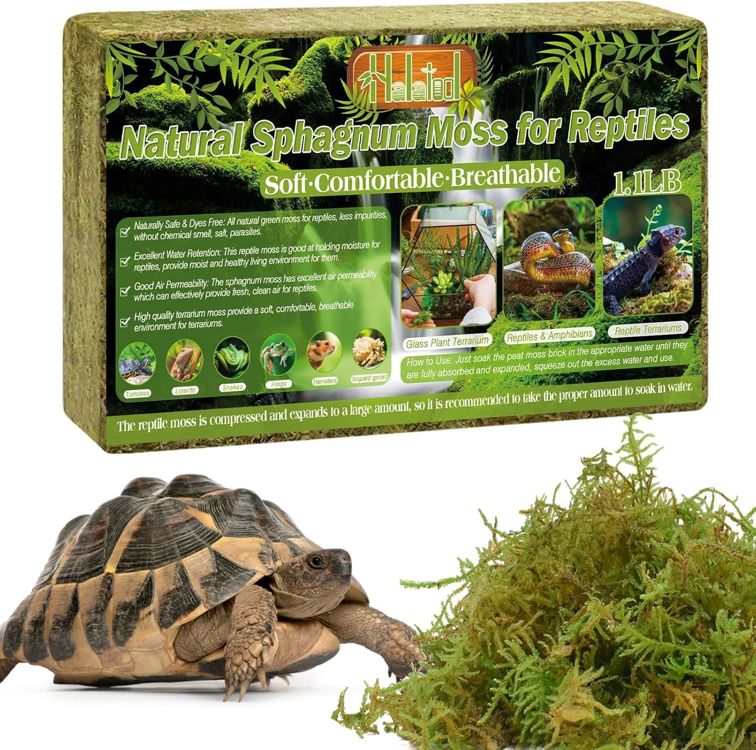 Innovative Halatool 1.1LB Natural Sphagnum Moss for Reptiles- 25QT Green Live Moss for Terrarium Plants Long Fiber Reptile Moss for Leopard Gecko Snake Hamsters Tortoises Frogs Lizards Salamanders Quality