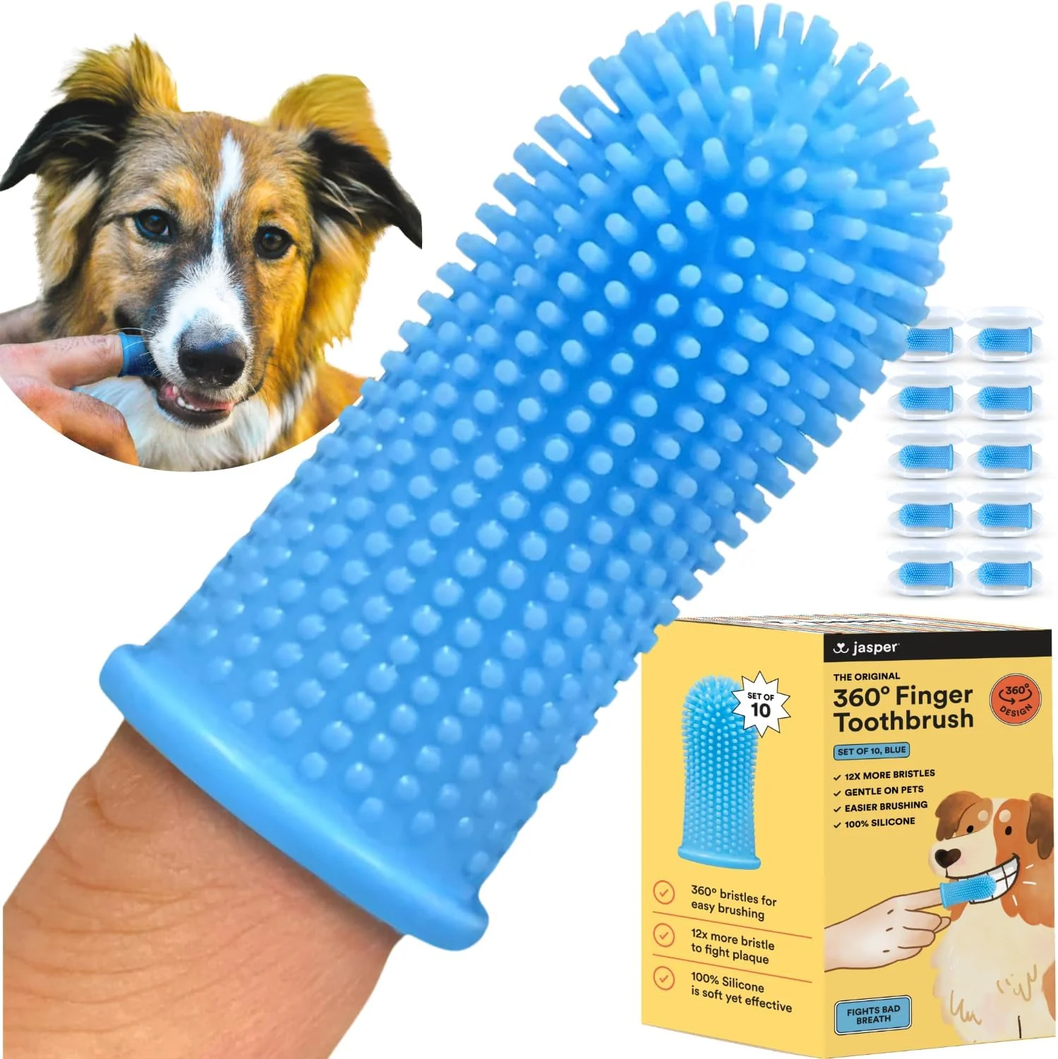 Fashionable Jasper Dog Toothbrush 360 Degree Pet Tooth Brushing Kit Cat Toothbrush Canine Dental Care Teeth Cleaning Kit Pet Finger Tooth Brush Use with Dog Toothpaste 10-Pack Blue