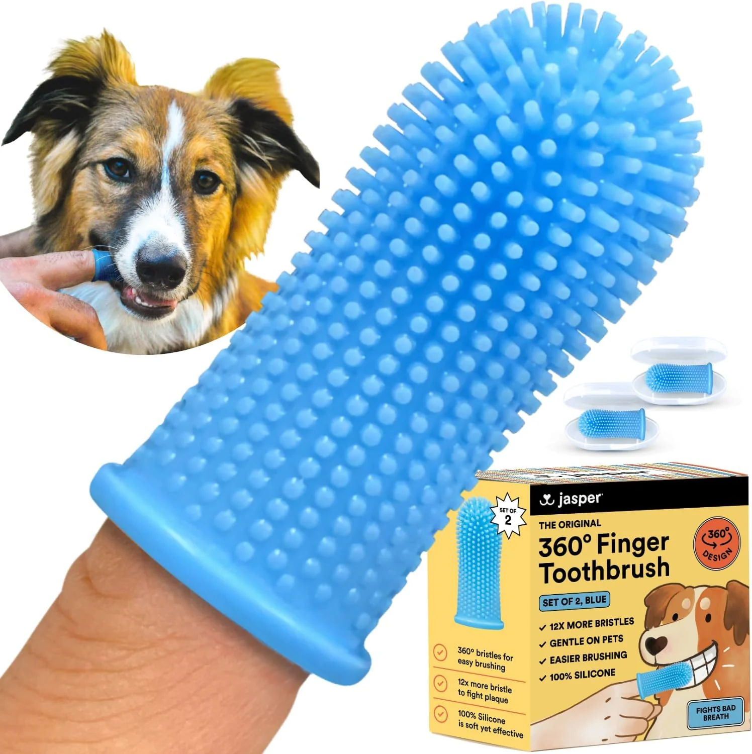 Innovative Jasper Dog Toothbrush 360 Dog Tooth Brushing Kit Finger Toothbrush Cat Tooth Brush Teeth Cleaning Pet Tooth Brush for Small Large Pets Pet Toothpaste Not Included 2-Pack Blue Eco-Friendly