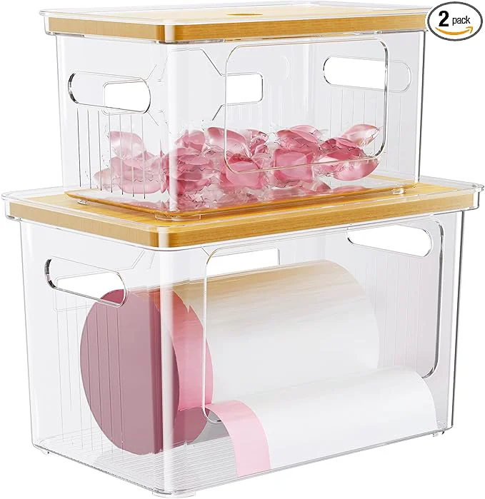 Durable Delamu Acrylic Trash Bag Holder 2 Pack XL S Stackable Garbage Bag Dispenser Clear Organizer Bins for Under Sink Organization Pantry Storage Cabinet Kitchen Laundry BathroomAbout ThisOverview High-Quality