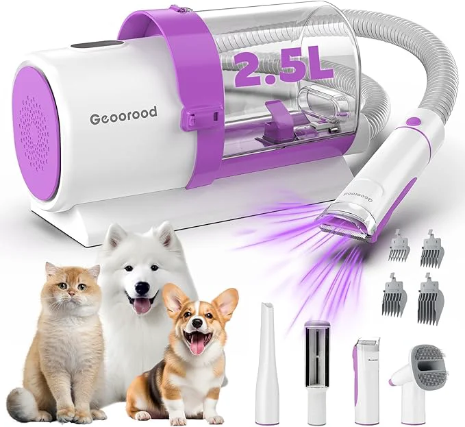 Stylish Dog Grooming Vacuum Kit 2.5L Dust Cup Pet Grooming with Clippers for Dogs Cats Hair Shedding Brush at Home Purple Reusable