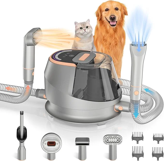 Specialty HiKiNS Dog Grooming Vacuum Kit 9 in 1 Dog Hair Vacuum Dryer Clipper Kits with 4.5L Dust Cup 18Kpa 1100W LED Display Pet Shedding Grooming Quiet with Adjustable 3 Modes Suction Temperature Upgraded Refined