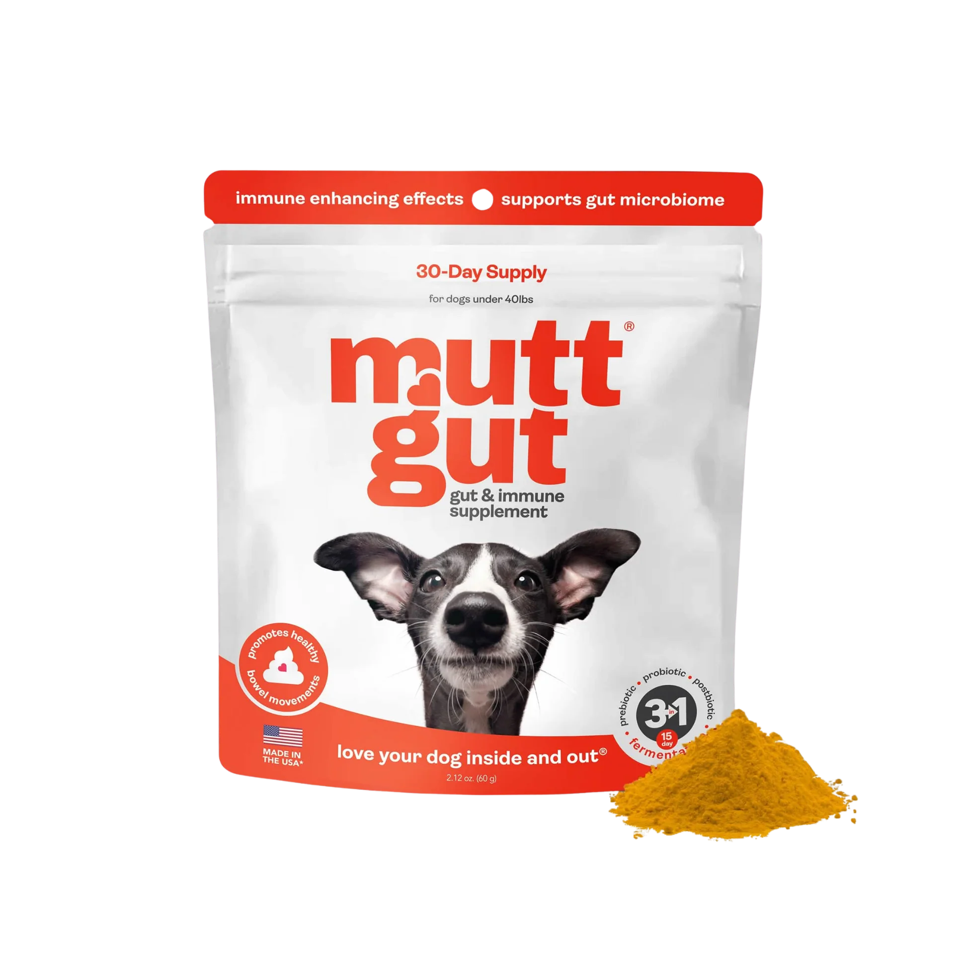 Fine Crafted MuttGut Gut Immune Supplement Powder for Dogs Under 40lbs Breathable