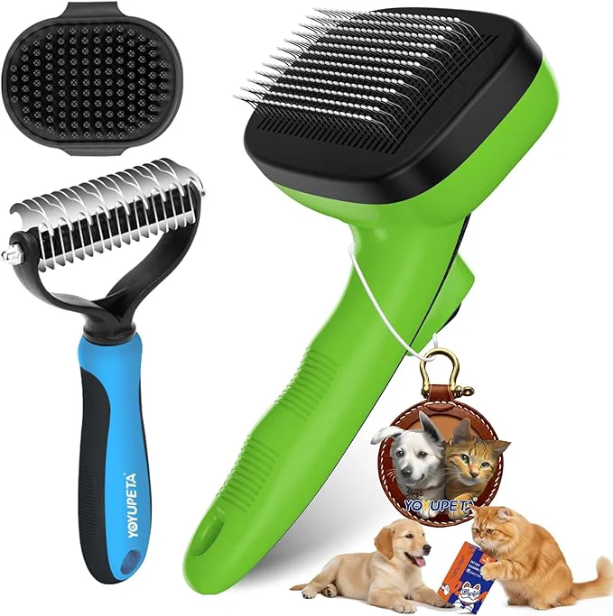 Sustainable 3PC Dog Brush Kit - Self-Cleaning Slicker Brush with Bath Brush Undercoat Rake Deshedding Tools for Large - Small Dogs Cats Professional Pet Grooming Set for Heavy Shedding GreenAbout This Prestigious