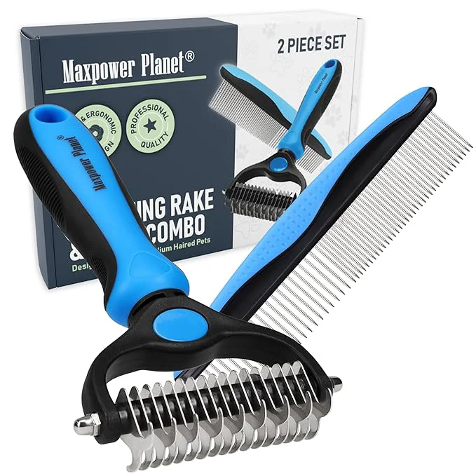 Efficient Maxpower Planet Pet Grooming Rake and Dematting Comb for Dogs - Dog Grooming Supplies Undercoat Rake for Dogs Cats - Extra-Wide Deshedding Dog Brush Deshedder Comb for Long Hair - Reduce Shedding Pure
