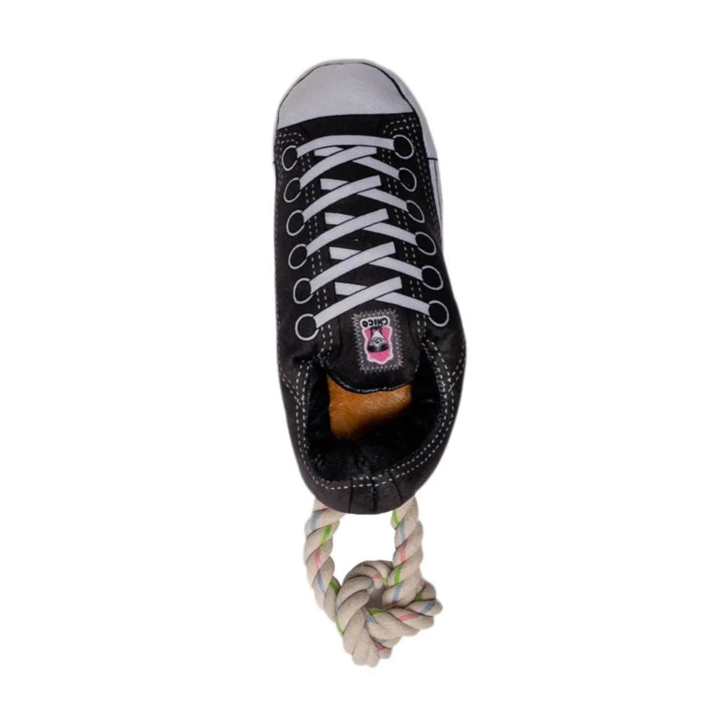 Stylish Squeaky Comfort Plush Sneaker Dog Toy – with Treat Compartment Safe Durable – Black Lightweight