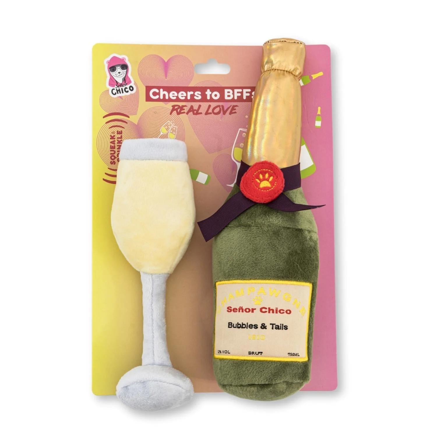 Minimalist Champawgne-Cheers Plush Dog Toy Gift Set – with Squeaker Crinkle Paper Clean
