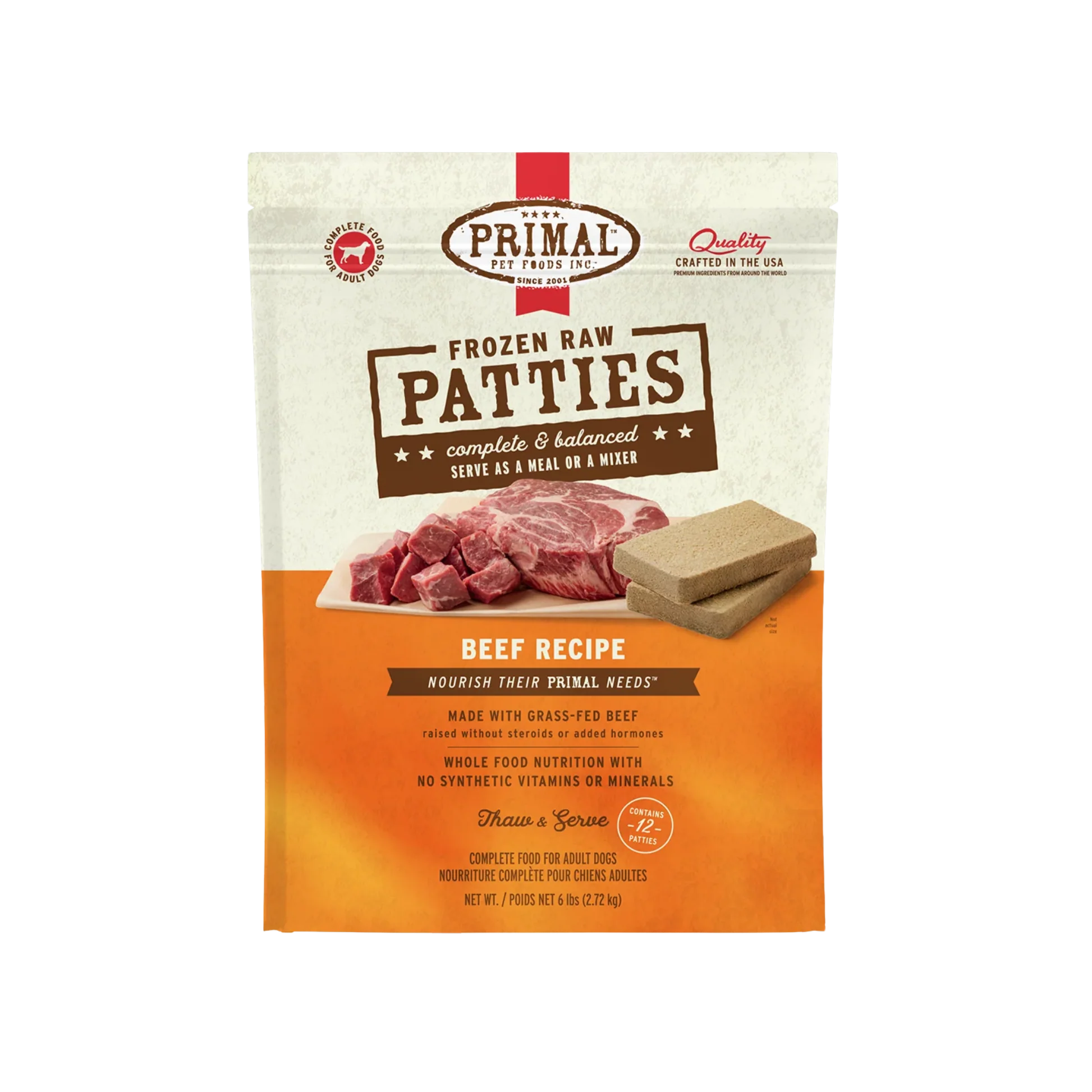 Authentic Primal Beef Recipe Frozen Raw Patties Dog Food 6lb Sophisticated