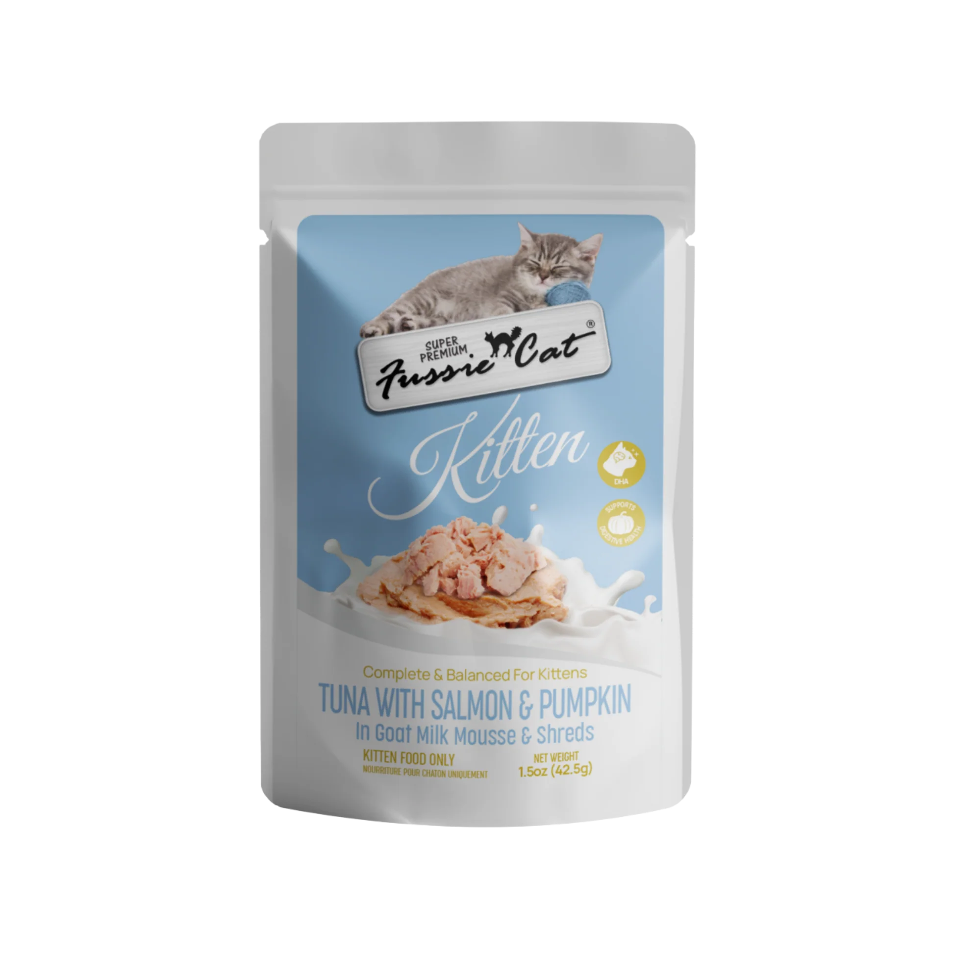 Lightweight Fussie Cat Tuna with Salmon Pumpkin in Goat Milk Mousse and Shreds Kitten Pouch 1.5oz Verified