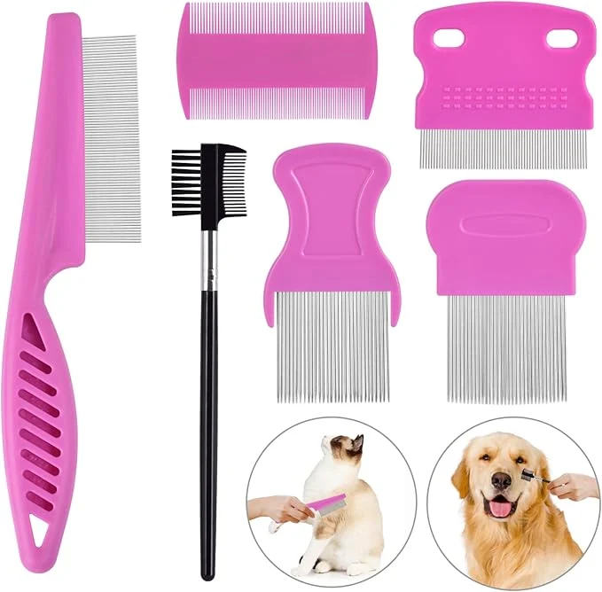 World-Class 6 Pack Flea Comb for Cats Dogs Stainless Steel Dog Cat Grooming Combs With Rounded Teeth Double-Sided Tear Stain Remover Dematting Comb For Dogs Cats I for Small Medium Large Pets Pink About ThisOverview High-Performance