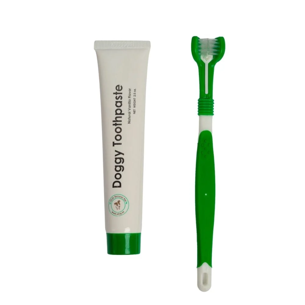 Original Design Triple Headed Dog Toothbrush with All-Natural Toothpaste Kit – 2-Piece Kit Selected