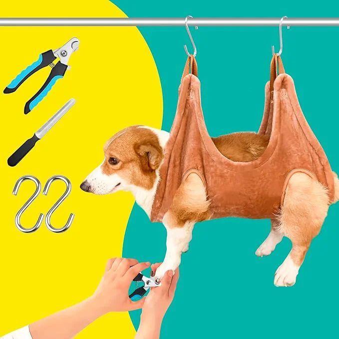 Comfortable Dog Grooming Kit Dog Grooming Supplies Dog Grooming Hammock Dog Grooming Harness Dog Nail Clippers Dog Nail Grinder Hooks Dog Hammock Kit for Nail Trimming Hair Trimming Coffee M About This Natural