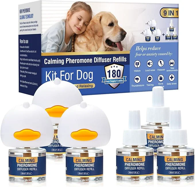 High-Grade Dog Pheromones Calming Diffuser Kit Appeasing Pheromone Diffuser to Calm 3 Plug in 6 Pack 48ml Refill for Anxiety Relieve Relief Reduce Aggression Fighting Barking Stress 180 Day Supply Tasteless About This Breathable