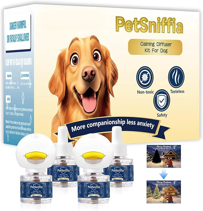 Unique Adanced Dog Calming Diffuser Calming Pheromones Diffuser Kit Appeasing Pheromone Diffuser to Calm 2Plug in 4Refill Interactive GiftCard for Anxiety Relief Reduce Aggression Fighting Barking StressAbout This High-Performance