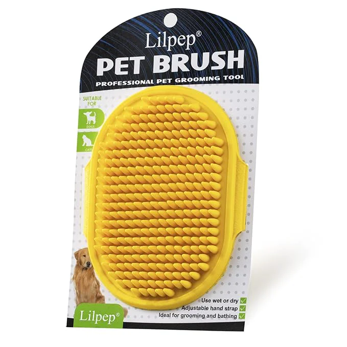 Original Dog Grooming Brush Lilpep Pet Shampoo Bath Brush Soothing Massage Rubber Comb with Adjustable Ring Handle for Long Short Haired Dogs and Cats Yellow pack of 1 First-Class