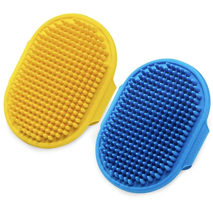 World-Class Dog Grooming Brush Lilpep Pet Shampoo Bath Brush Soothing Massage Rubber Comb with Adjustable Ring Handle for Long Short Haired Dogs and Cats Blue Yellow pack of 2 Consistent